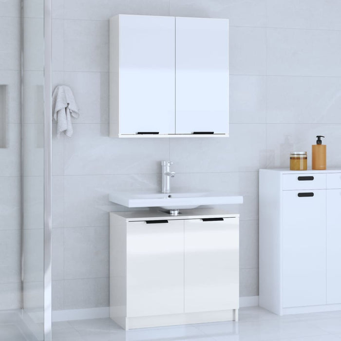 Set di Mobili da Bagno 2 pz Bianco Lucido in Legno Multistrato