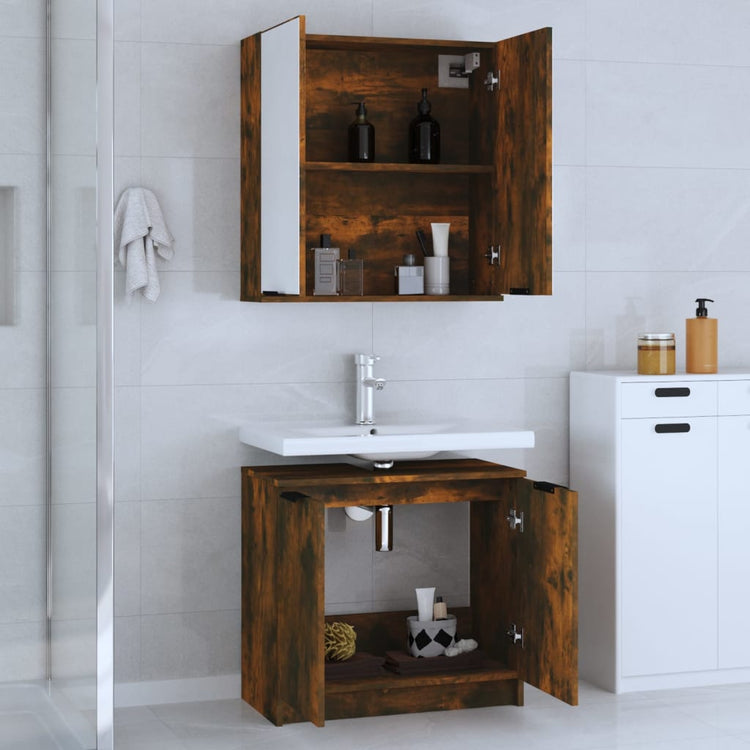 Set di Mobili da Bagno 2 pz Rovere Fumo in Legno Multistrato