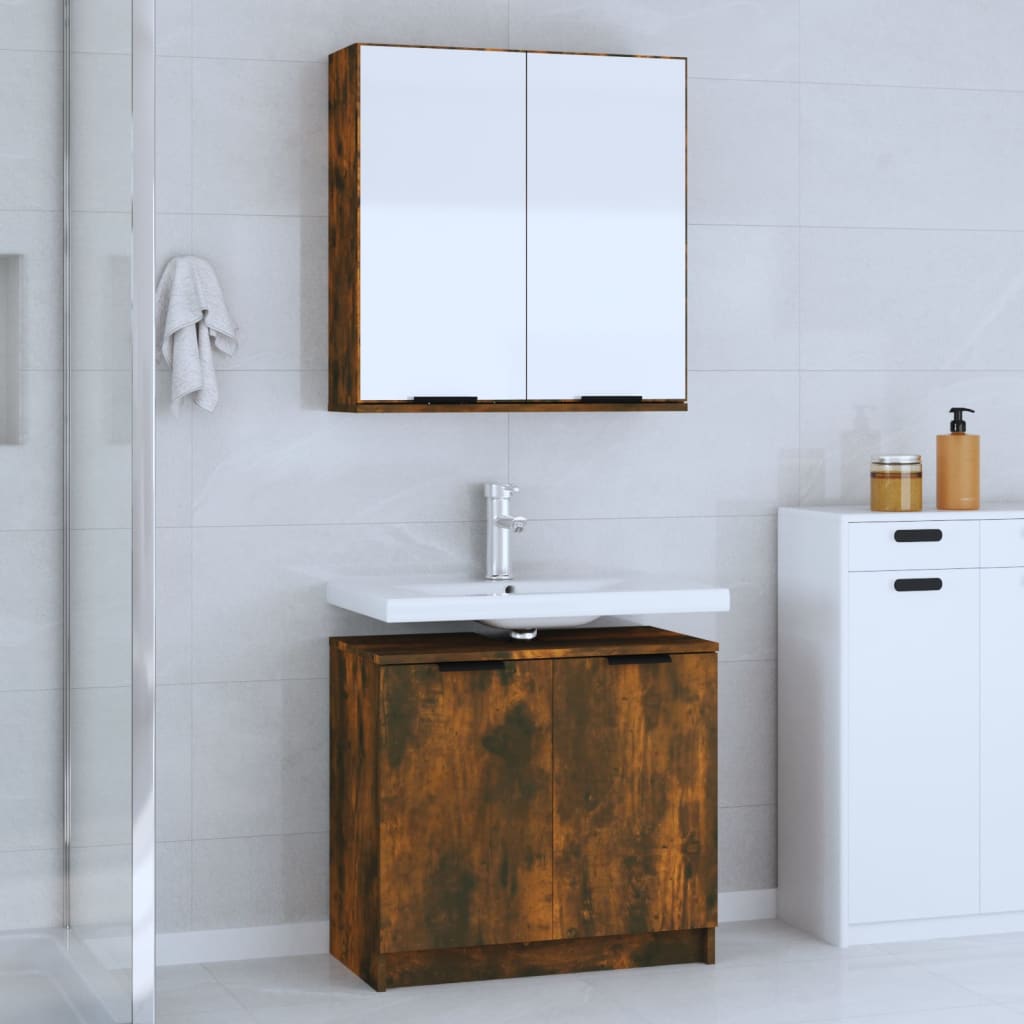 Set di Mobili da Bagno 2 pz Rovere Fumo in Legno Multistrato