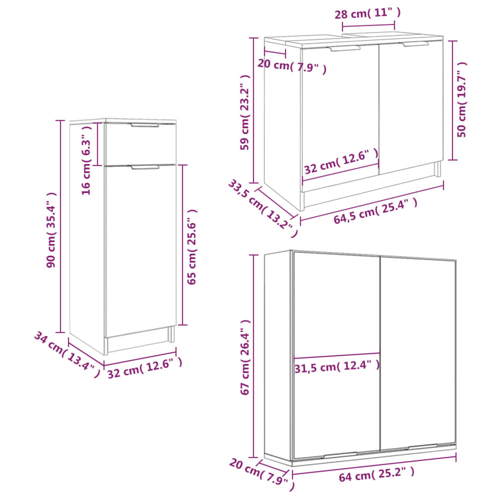 Set di Mobili da Bagno 3 pz Bianco in Legno Multistrato cod mxl 31378