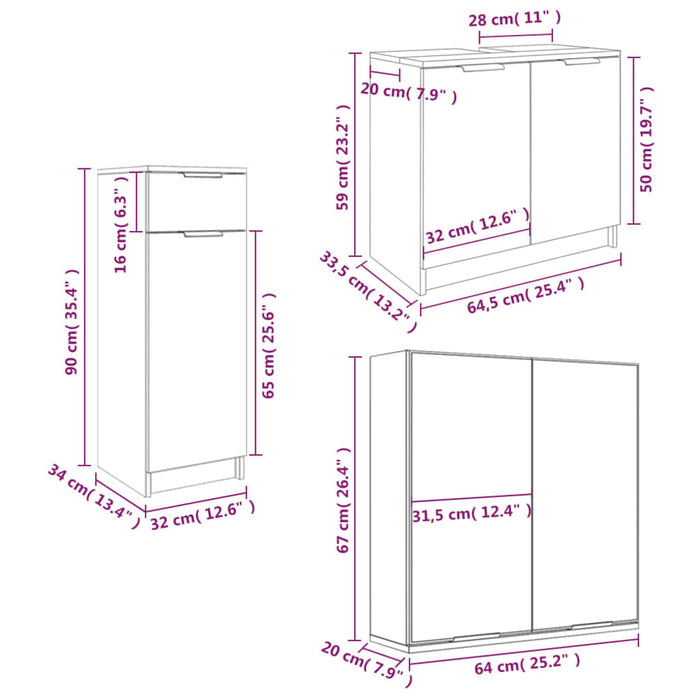 Set di Mobili da Bagno 3 pz Bianco in Legno Multistrato cod mxl 31378