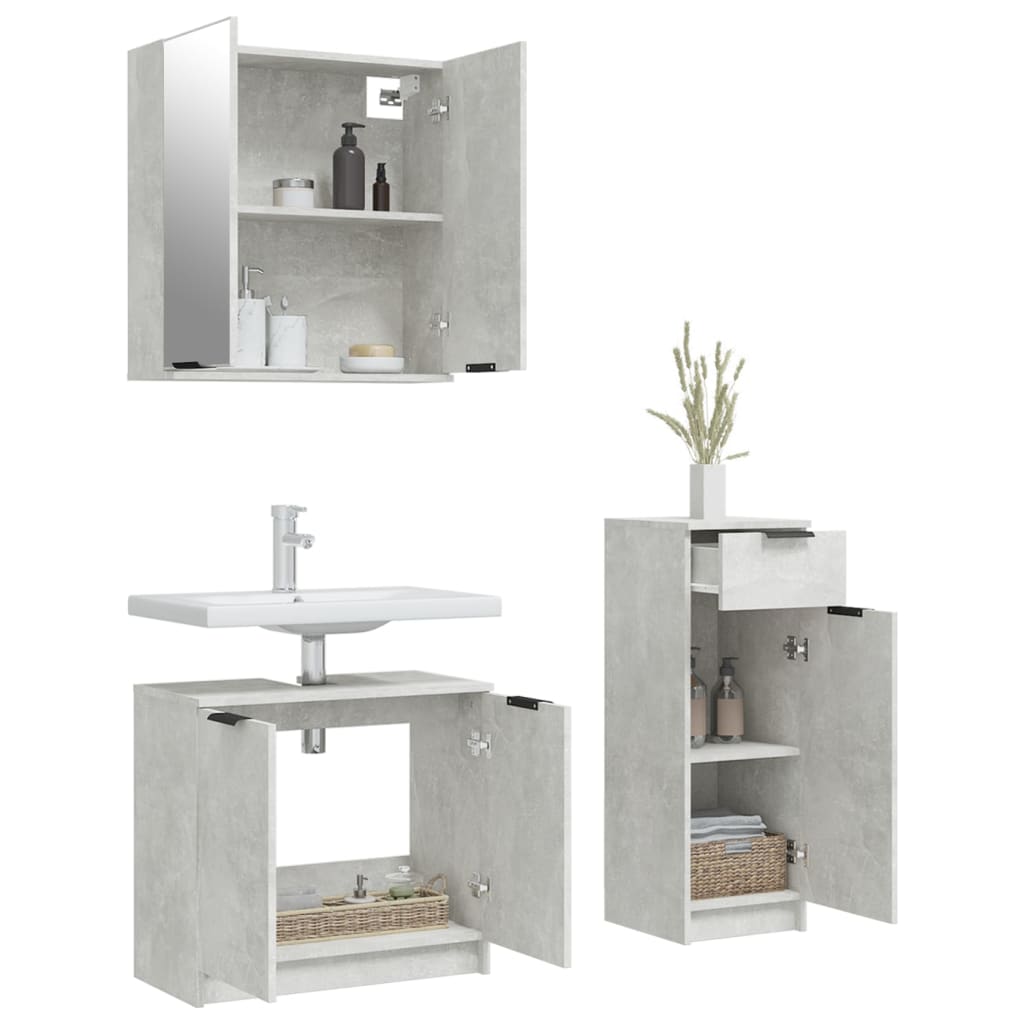 Set di Mobili da Bagno 3 pz Grigio Cemento in Legno Multistrato cod mxl 20628