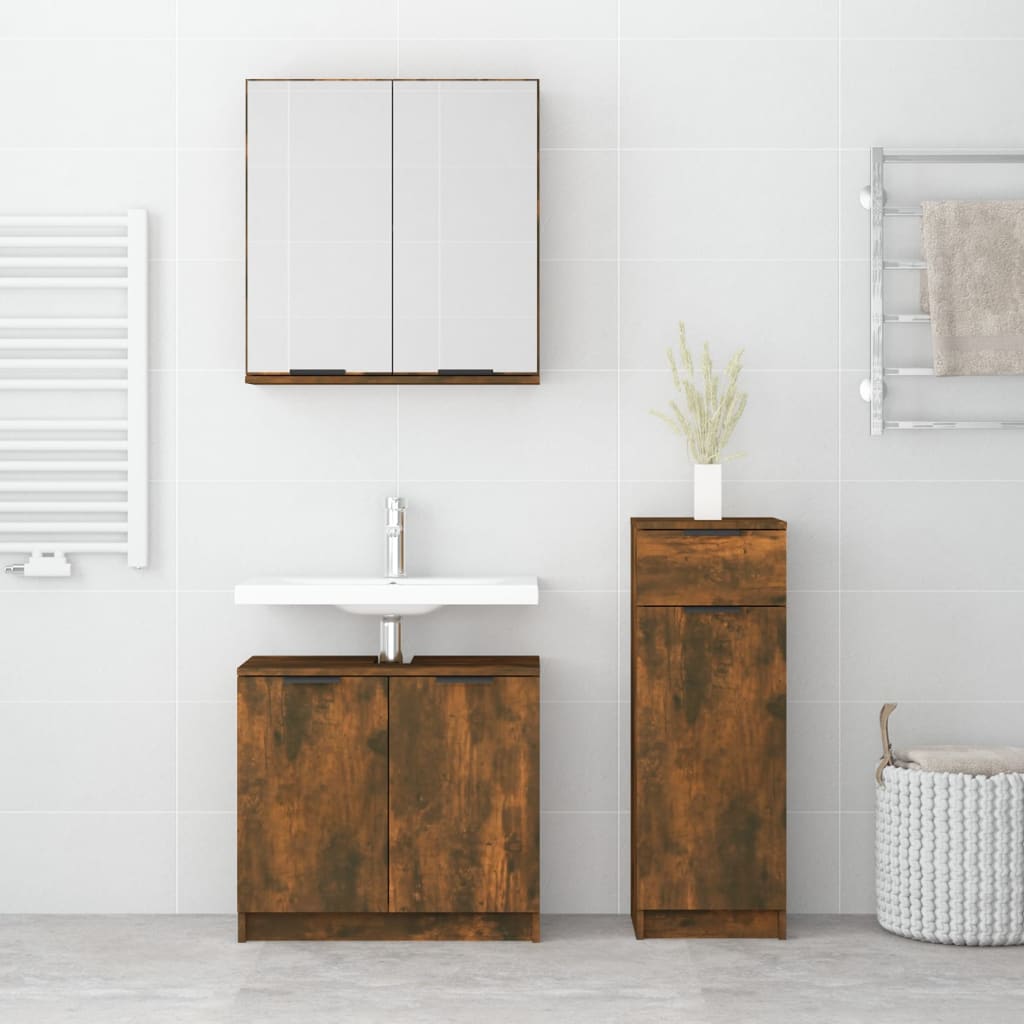 Set di Mobili da Bagno 3 pz Rovere Fumo in Legno Multistrato