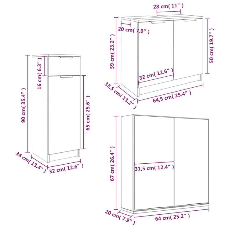 Set di Mobili da Bagno 3 pz Rovere Fumo in Legno Multistrato