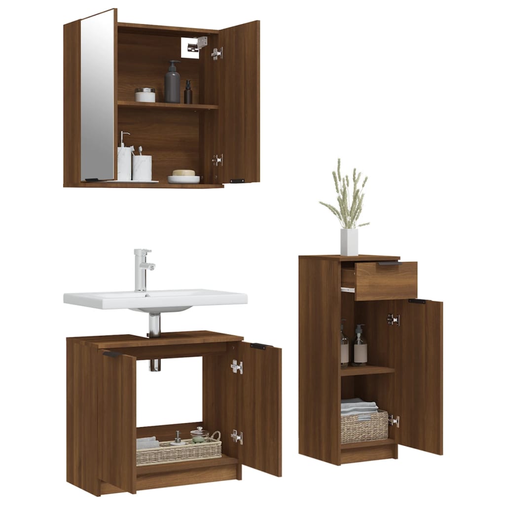 Set Mobili da Bagno 3 pz Rovere Marrone in Legno Multistrato 3115875