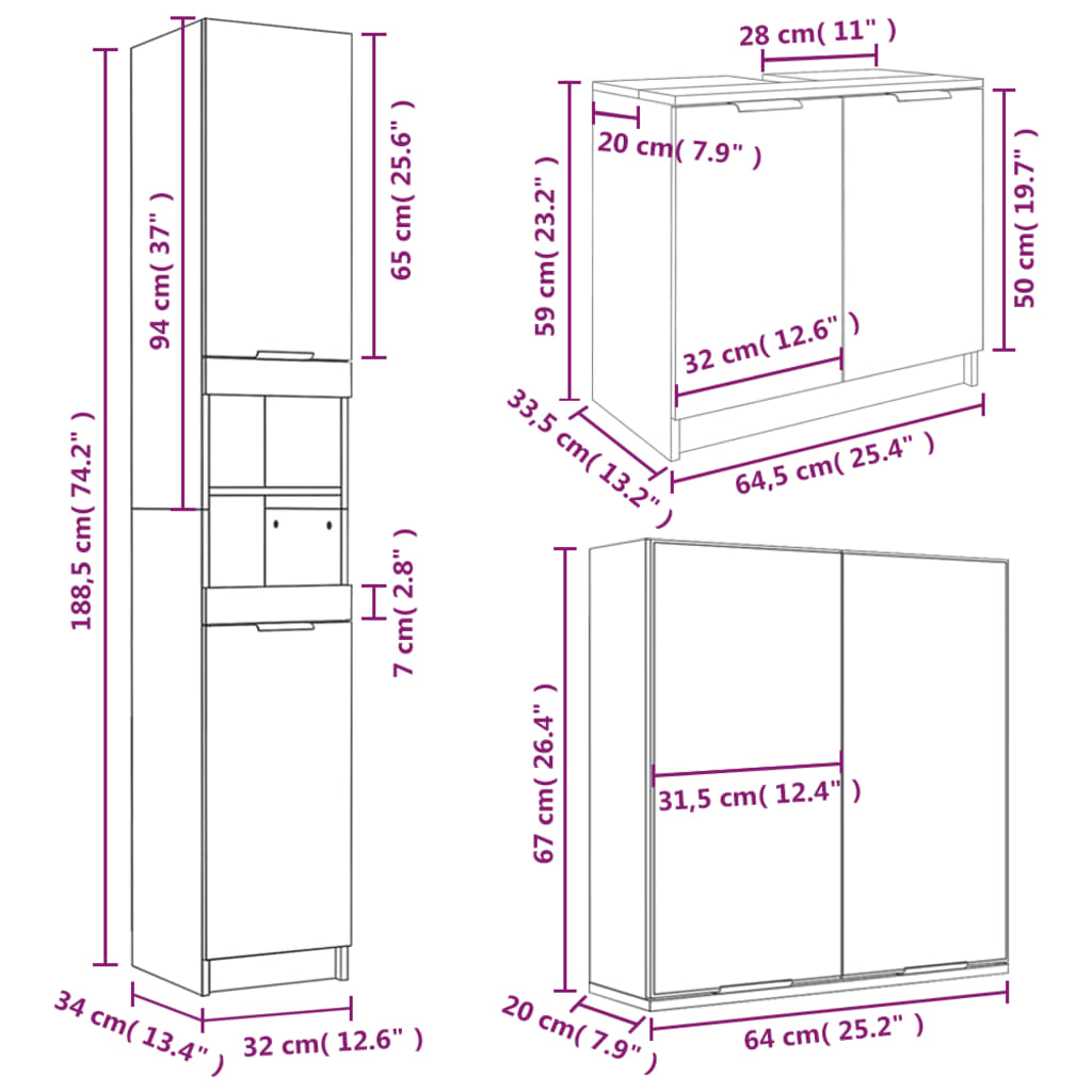 Set di Mobili da Bagno 3 pz Bianco in Legno Multistrato cod mxl 52850