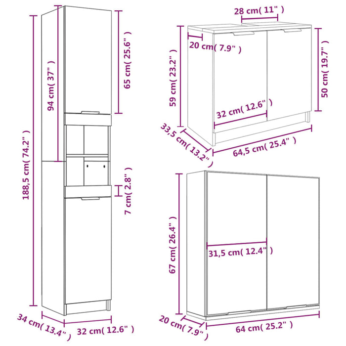 Set Mobili da Bagno 3 pz Grigio Cemento in Legno Multistrato cod mxl 19964