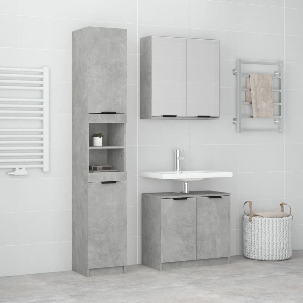 Set di Mobili da Bagno 3 pz Grigio Cemento in Legno Multistrato