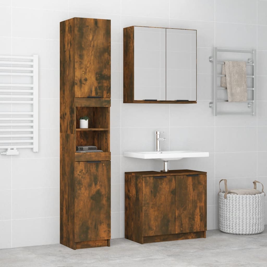 Set Mobili da Bagno 3 pz Rovere Fumo in Legno Multistrato cod mxl 39470