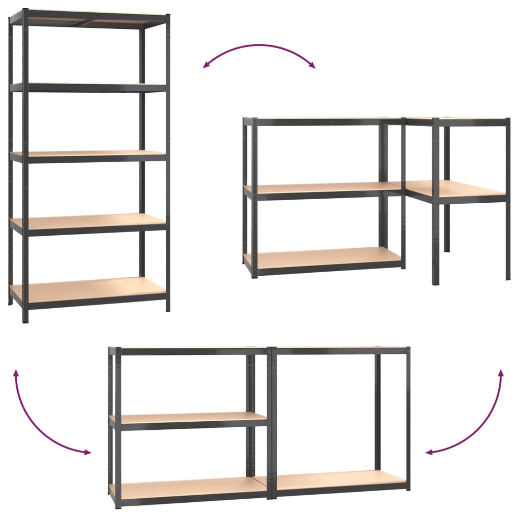 Scaffali 5 Ripiani 2 pz Antracite Acciaio e Legno Multistrato 152868