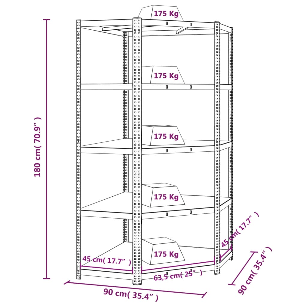 Scaffale Angolare Resistente 5 Strati Argento Acciaio e Legno