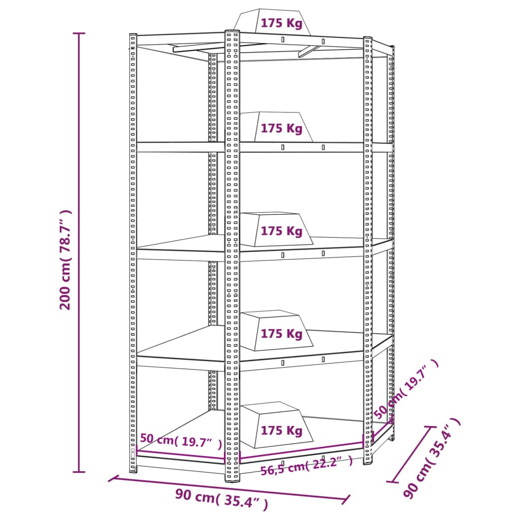 Scaffale Angolare 5 Ripiani Argento Acciaio e Legno Multistrato cod mxl 42974