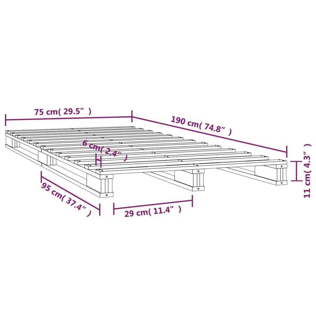 Letto a Pallet Grigio 75x190 cm Massello Pino 2FT6 Small Single 821419