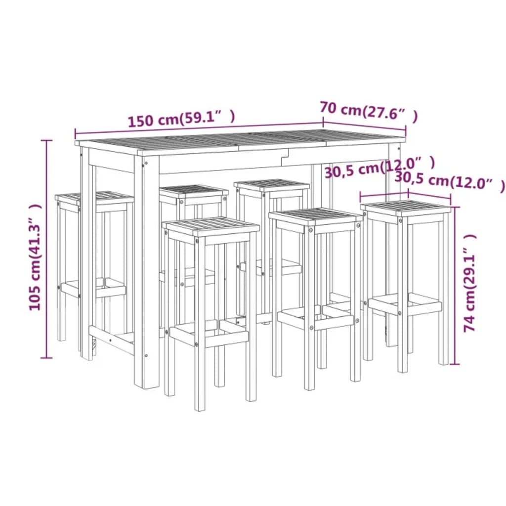 Set da Bar per Giardino 7 pz in Legno Massello di Acacia cod mxl 41294