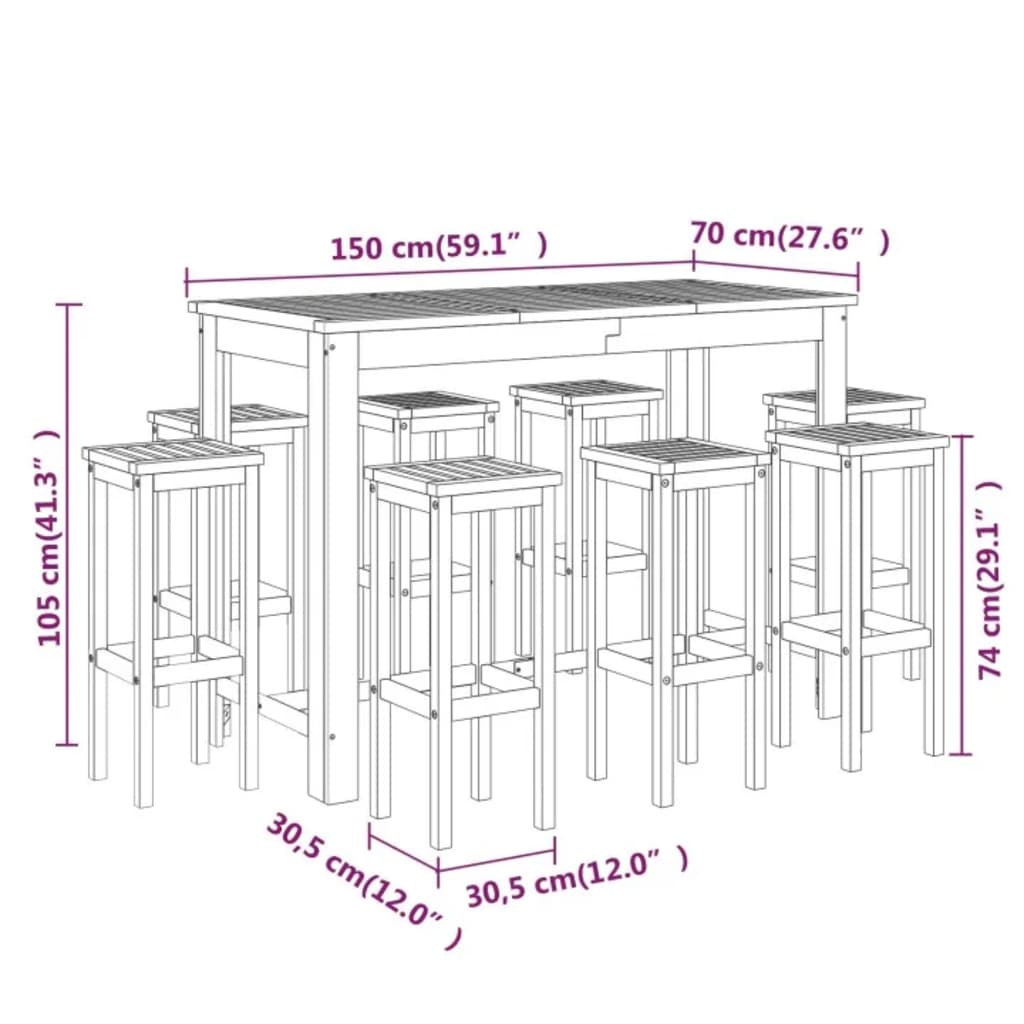 Set da Bar per Giardino 9 pz in Legno Massello di Acacia cod mxl 47936