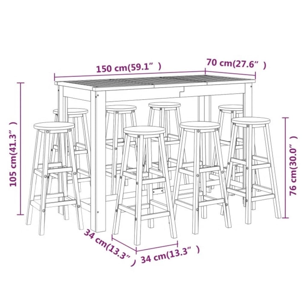 Set da Bar per Giardino 9 pz in Legno Massello di Acacia cod mxl 46755