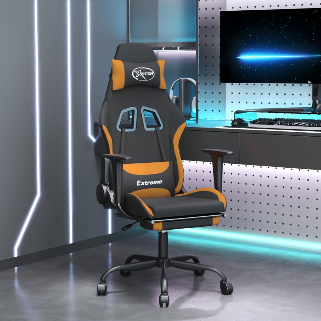 Sedia da Gaming Massaggi e Poggiapiedi Tessuto Nero e Arancione 345485