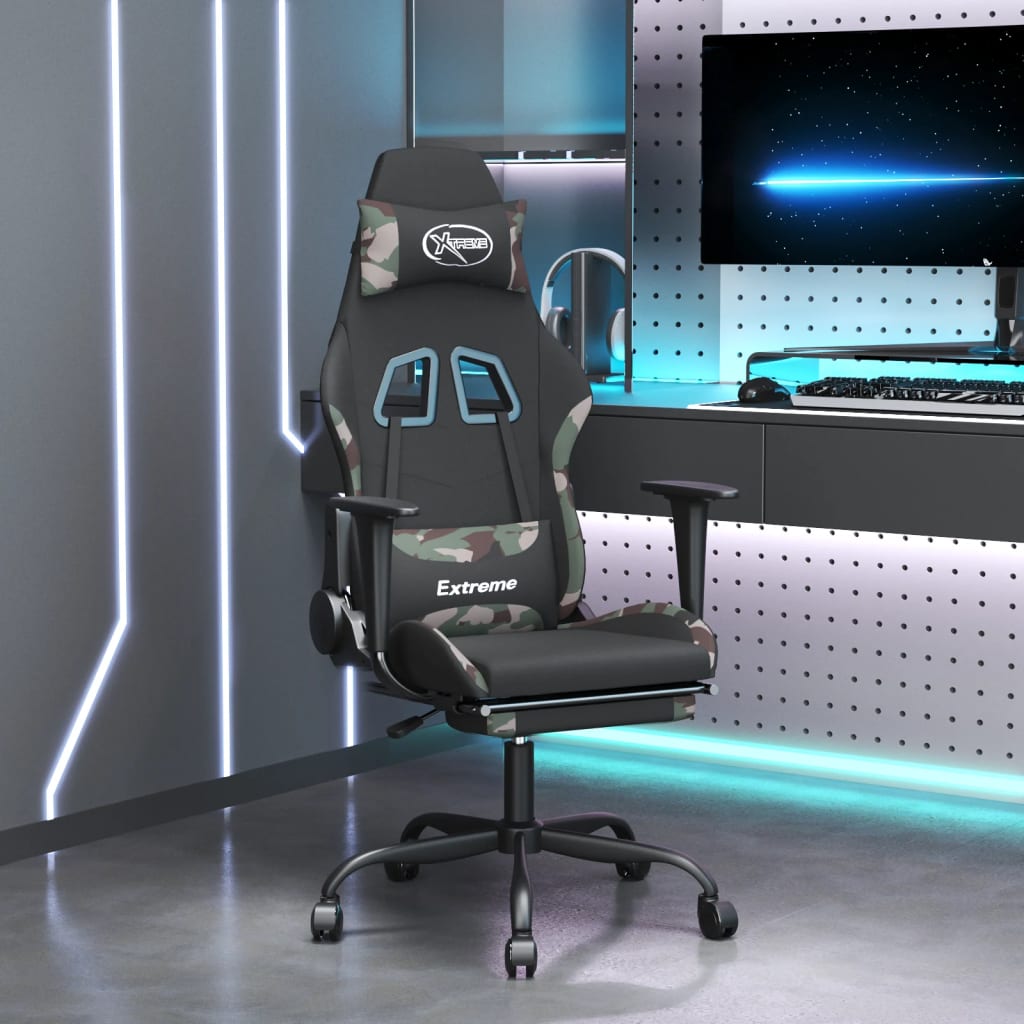 Sedia da Gaming Massaggi Poggiapiedi Nero e Mimetico in Tessuto 345490