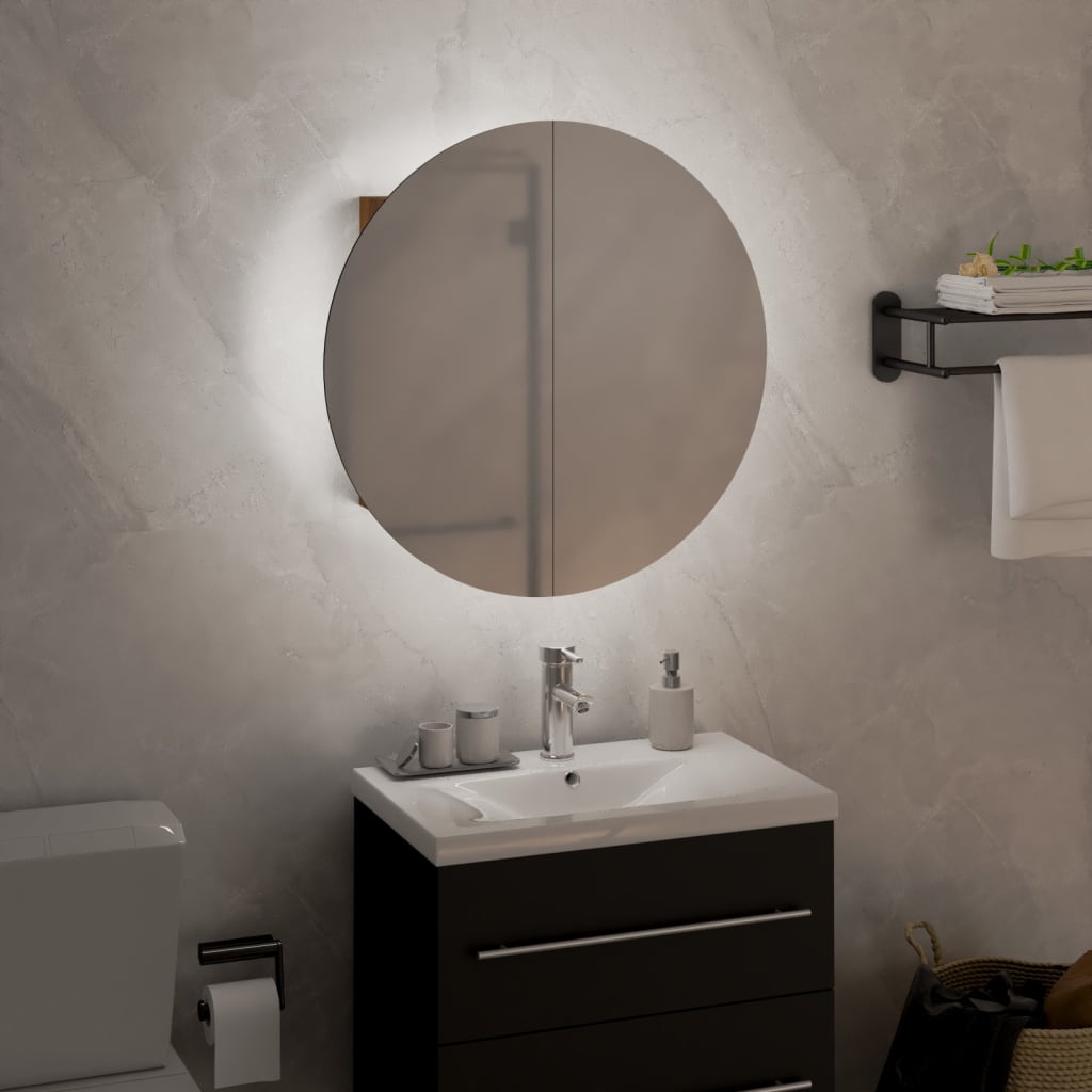 Armadio da Bagno con Specchio Rotondo e LED Rovere 40x40x17,5cmcod mxl 129466