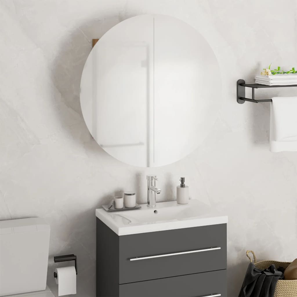 Armadio da Bagno con Specchio Rotondo e LED Rovere 47x47x17,5cmcod mxl 81545