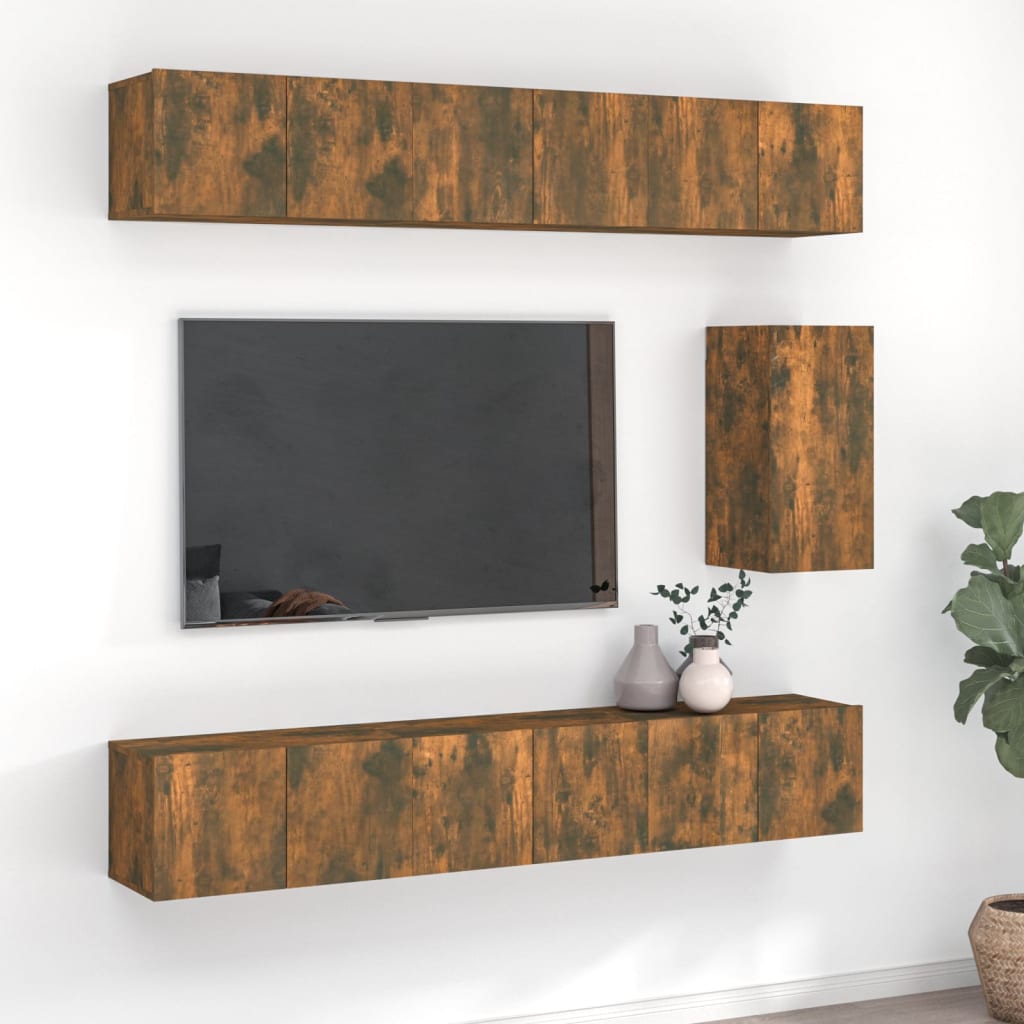 Set di Mobili Porta TV 7 pz Rovere Fumo in Legno Multistrato cod mxl 27995