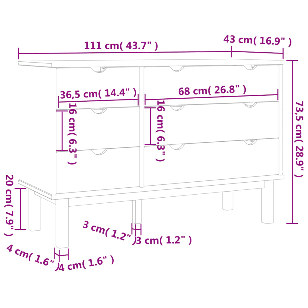 Cassettiera OTTA Marrone e Grigio 111x42x73,5 cm Legno di Pino 348586