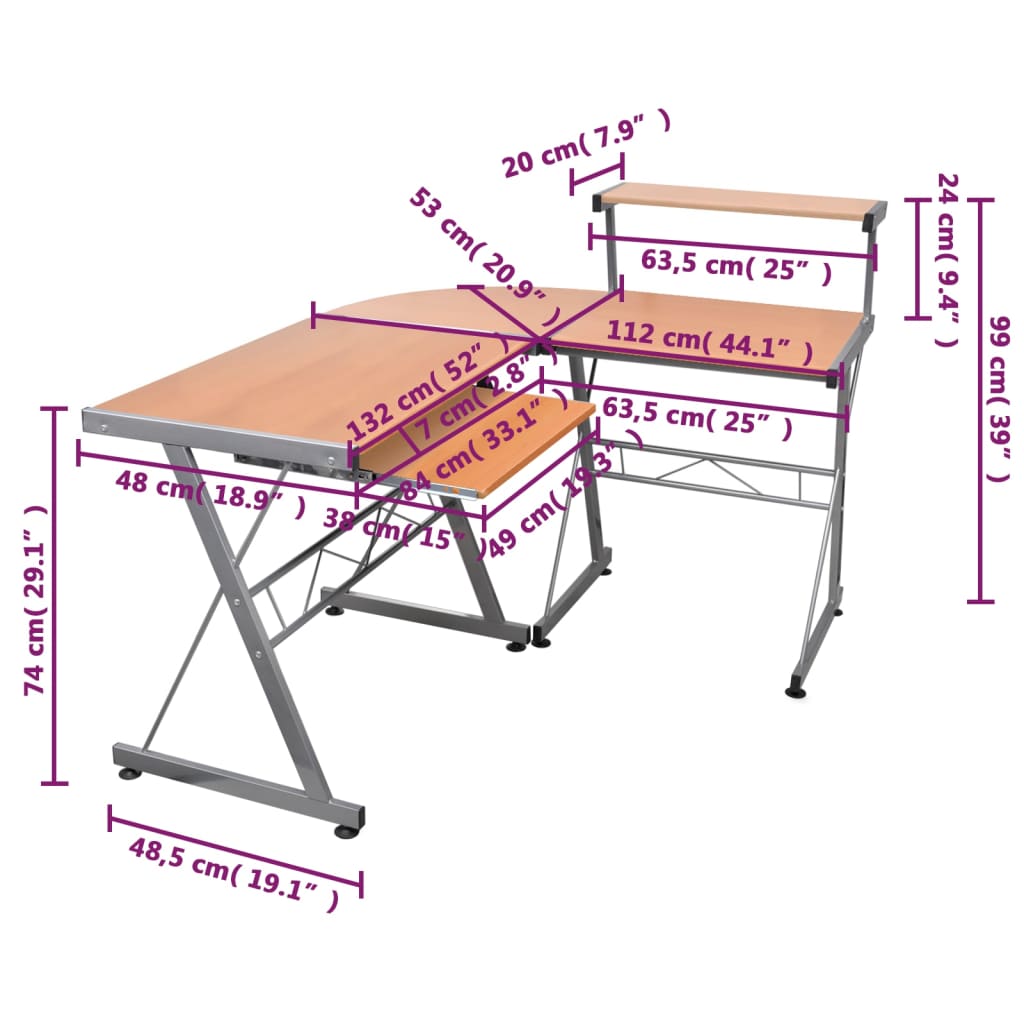 Scrivania Computer Angolo Marrone 132x112x99 Legno Multistrato cod mxl 64785