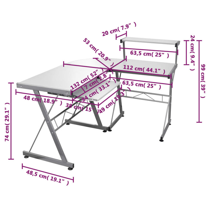 Scrivania Computer Angolare Bianca 132x112x99 Legno Multistrato 20587