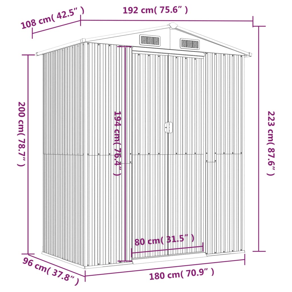 Capanno da Giardino Grigio Chiaro 192x108x223cm Acciaio Zincato cod mxl 65911