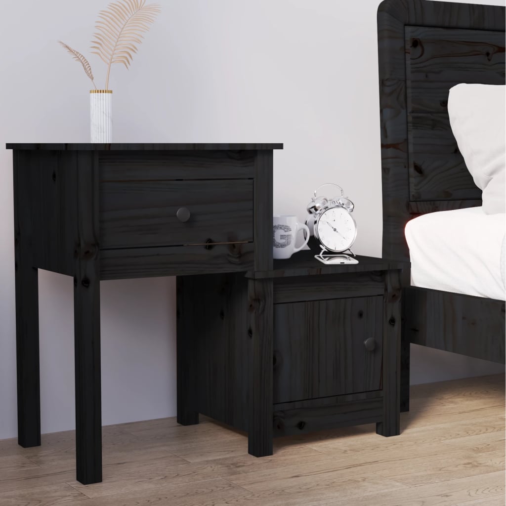 Comodino Nero 79,5x38x65,5 cm in Legno Massello di Pino cod 9497