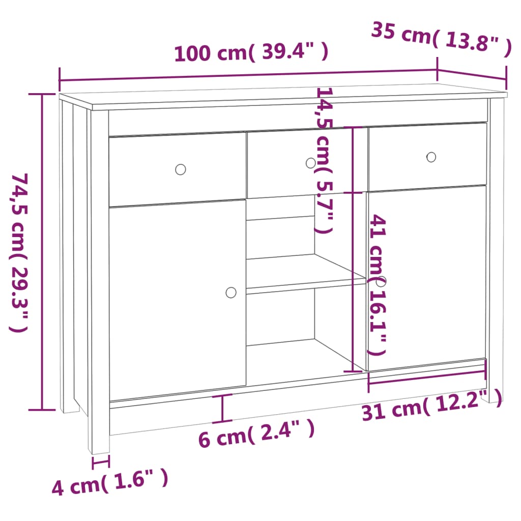 Credenza Miele 100x35x74,5 cm in Legno Massello di Pino