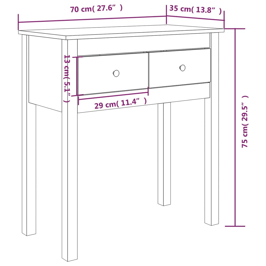 Tavolo Consolle Bianco 70x35x75 cm in Legno Massello di Pino 814610