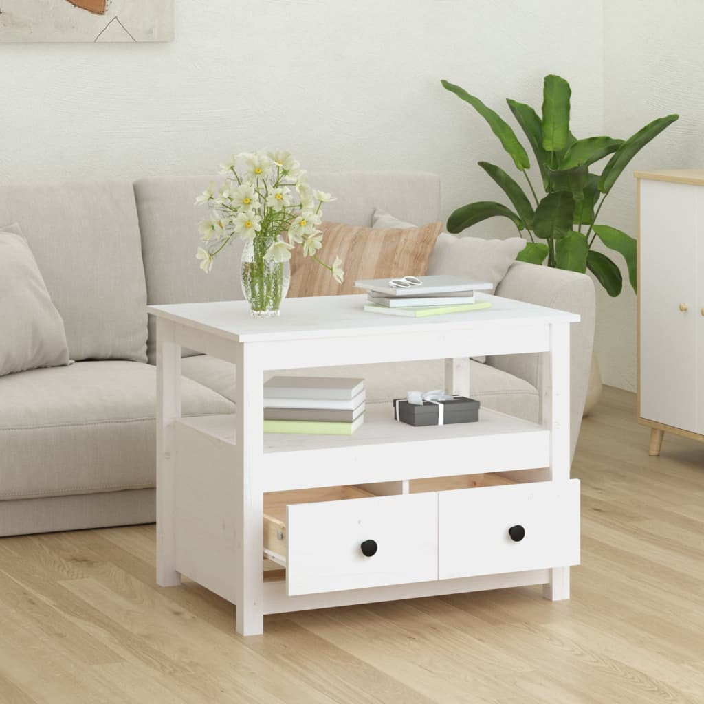 Tavolino da Salotto Bianco 71x49x55cm in Legno Massello di Pino 820937