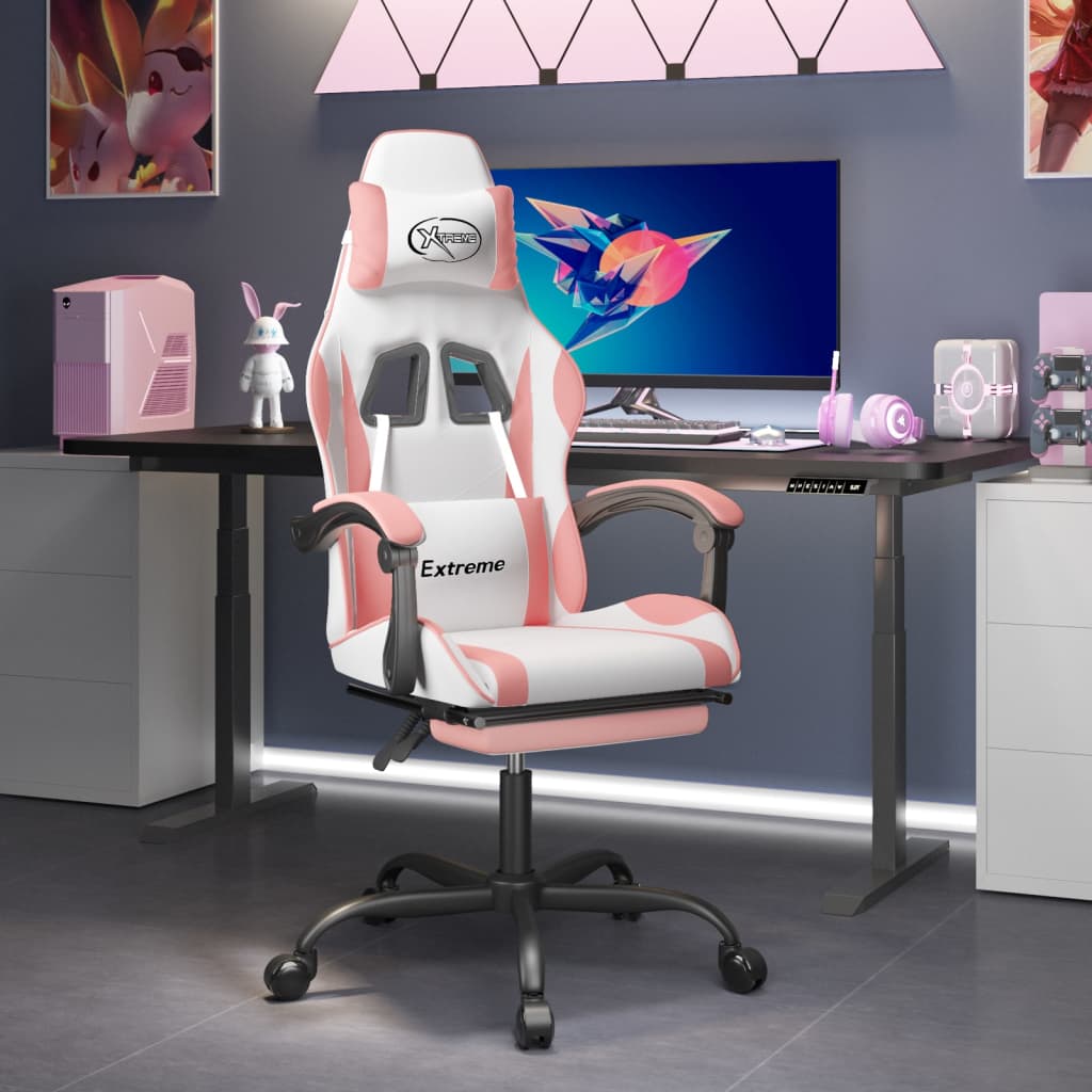 Sedia da Gaming Girevole Poggiapiedi Bianca e Rosa Similpelle 349588