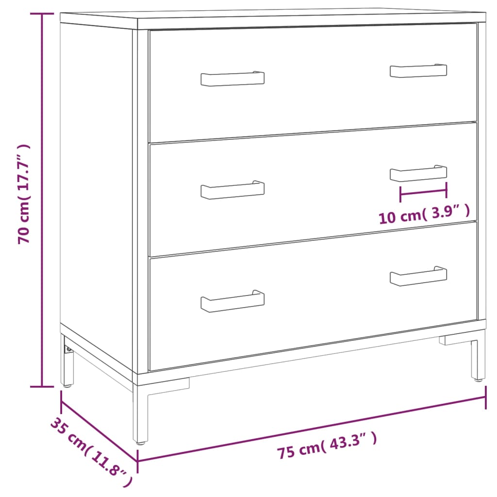 Cassettiera 75x35x70 cm in Legno Massello di Pino 349925