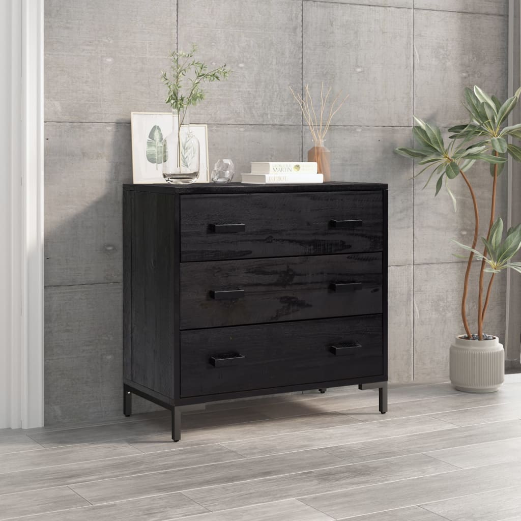 Cassettiera Nera 75x35x70 cm in Legno Massello di Pino 349926