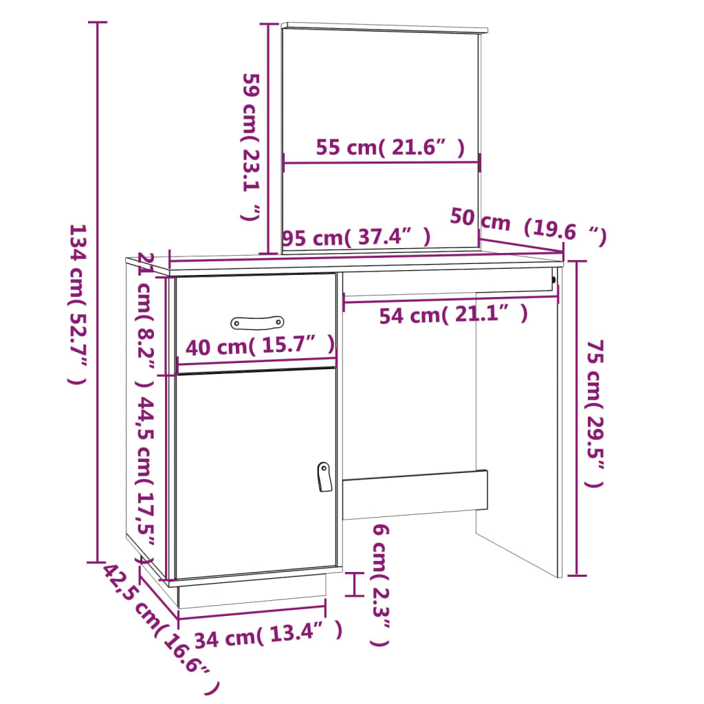 Toeletta Bianca 95x50x134 cm in Legno Massello di Pino cod 12020