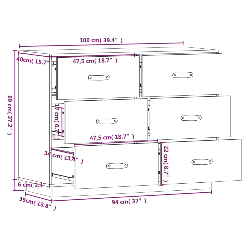 Credenza Grigia 100x40x75 cm in Legno Massello di Pino 820144