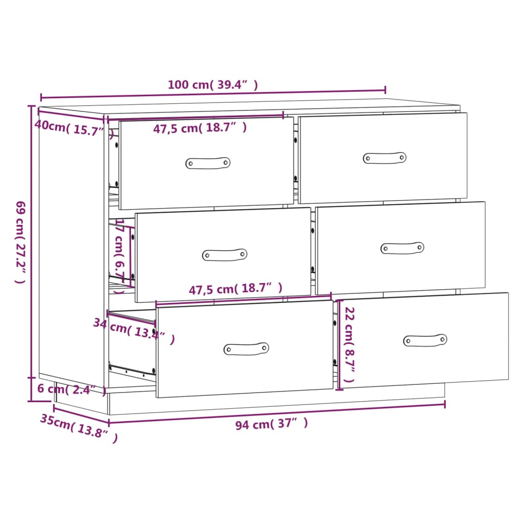 Credenza Nera 100x40x75 cm in Legno Massello di Pino cod mxl 26663