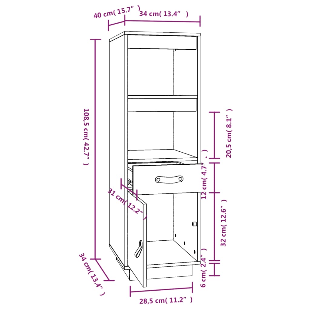 Credenza Bianca 34x40x108,5 cm in Legno Massello di Pino