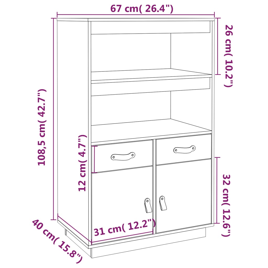 Credenza Bianca 67x40x108,5 cm in Legno Massello di Pino