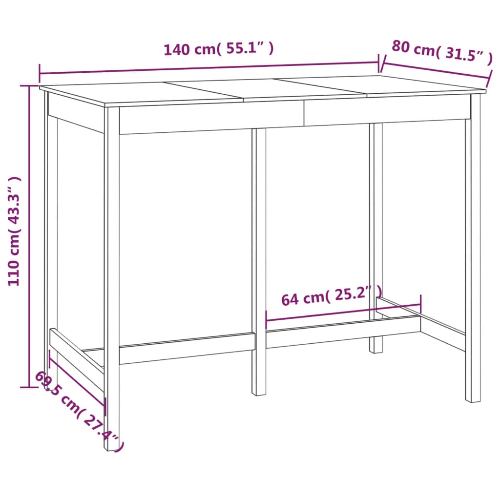 Tavolo da Bar 140x80x110 cm in Legno Massello di Pino cod mxl 7490