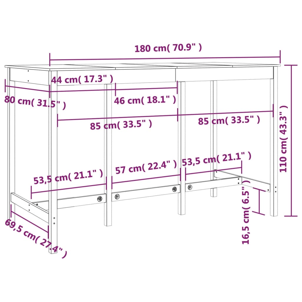 Tavolo da Bar Nero 180x80x110 cm in Legno Massello di Pino 822166