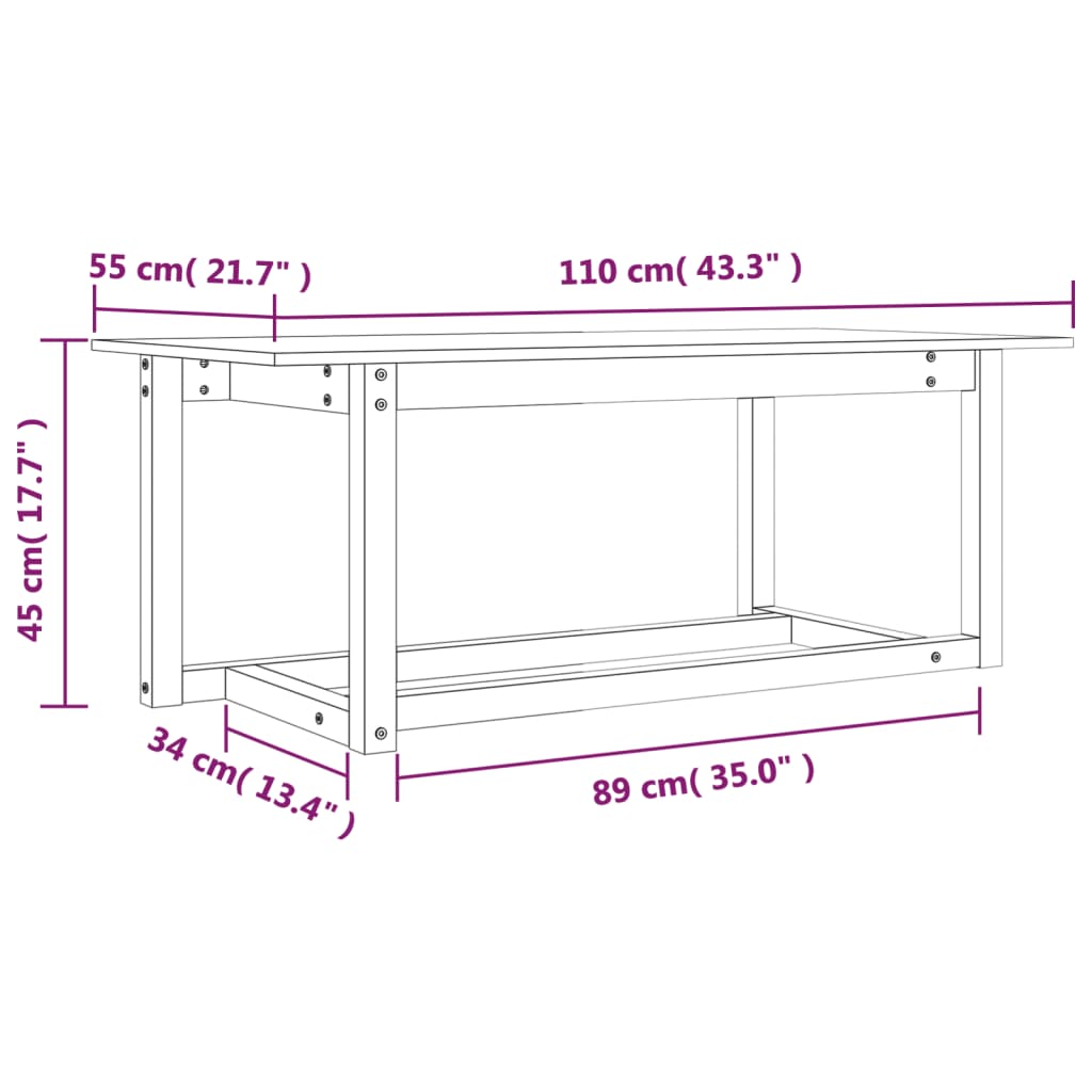 Tavolino da Salotto 110x55x45 cm Legno Massello di Pino