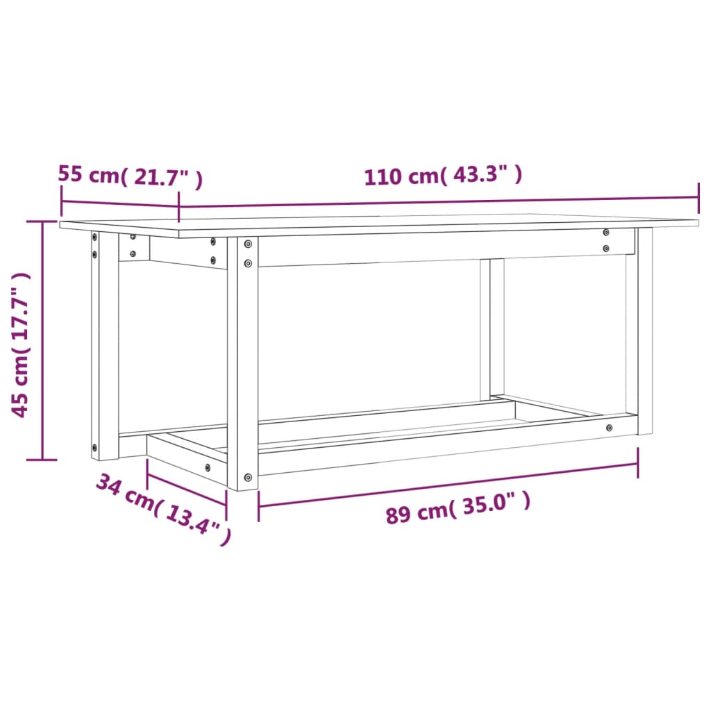 Tavolino da Salotto Bianco 110x55x45 cm Legno Massello di Pino