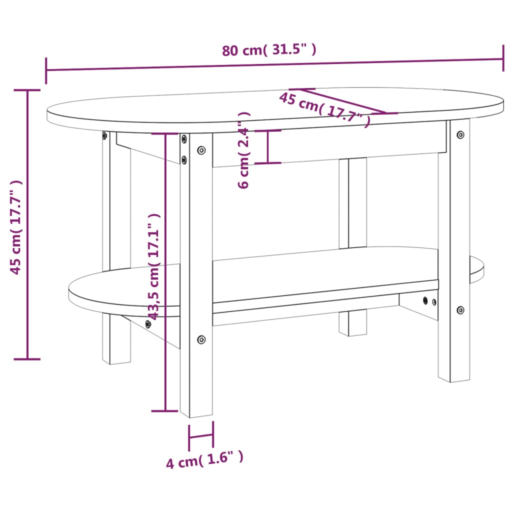 Tavolino da Salotto Bianco 80x45x45cm in Legno Massello di Pino 822293