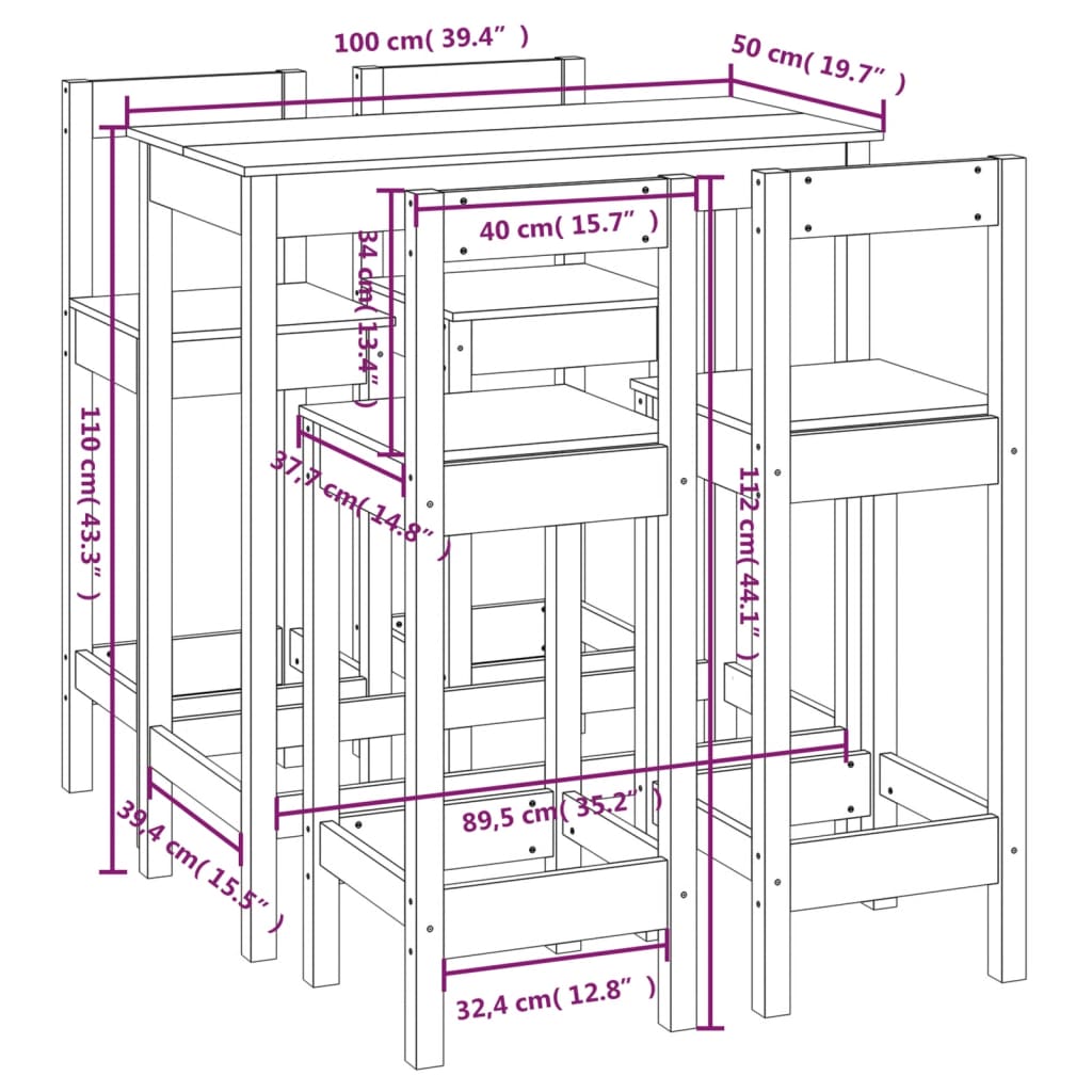 Set da Bar 5 pz Nero in Legno Massello di Pino 3124706