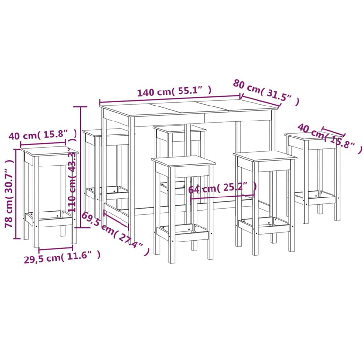 Set da Bar 7 pz in Legno Massello di Pino cod mxl 14929