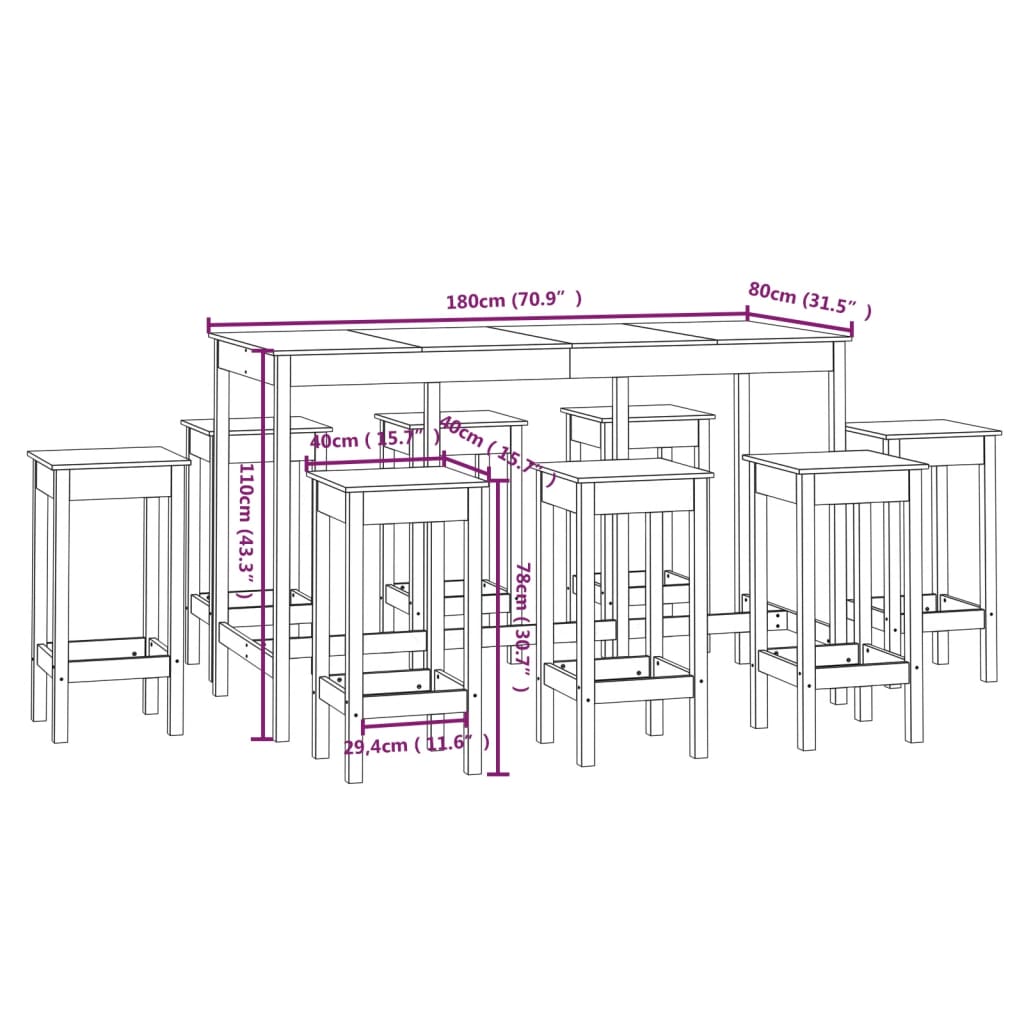 Set da Bar 9 pz in Legno Massello di Pino cod mxl 14008