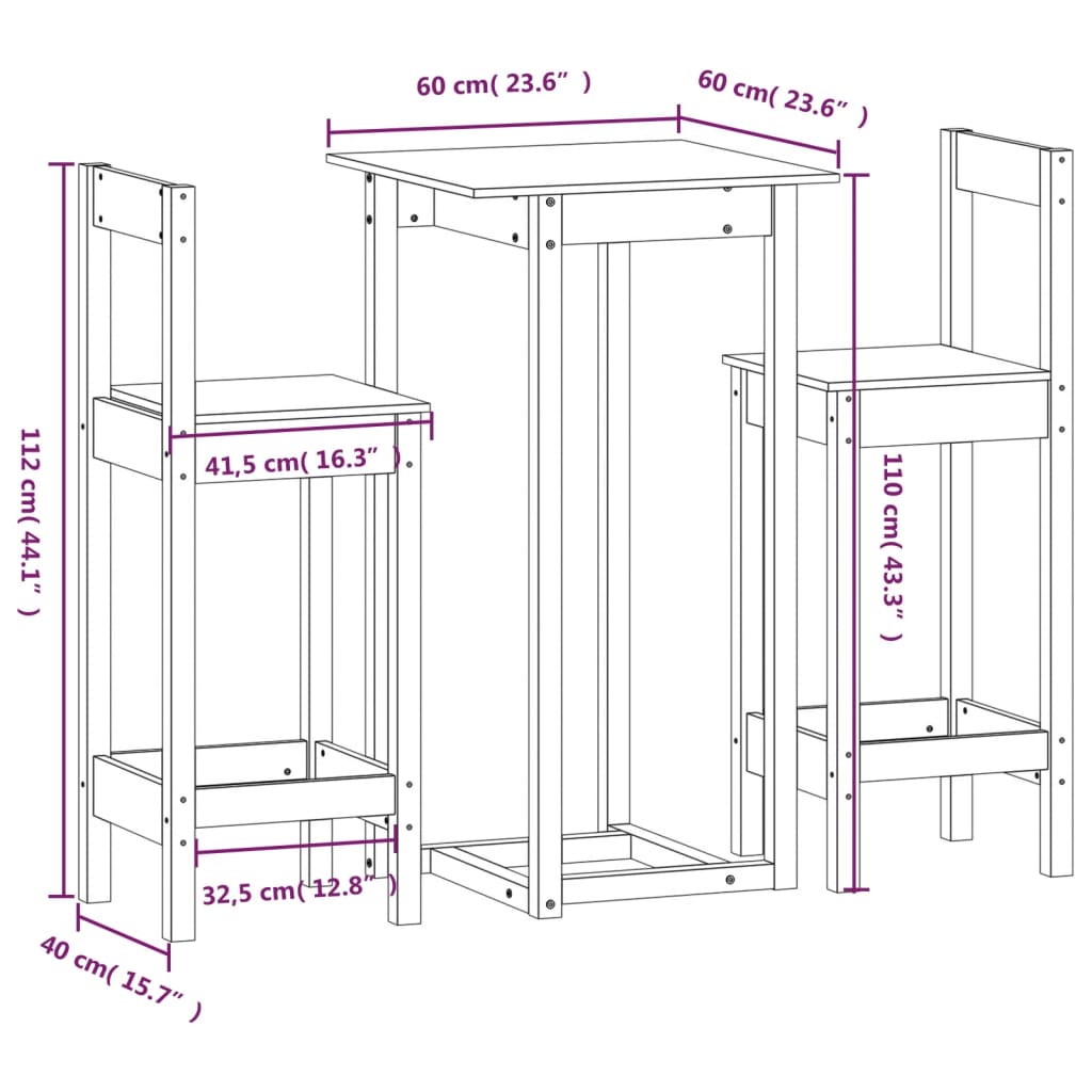 Set da Bar 3 pz in Legno Massello di Pino cod mxl 14396